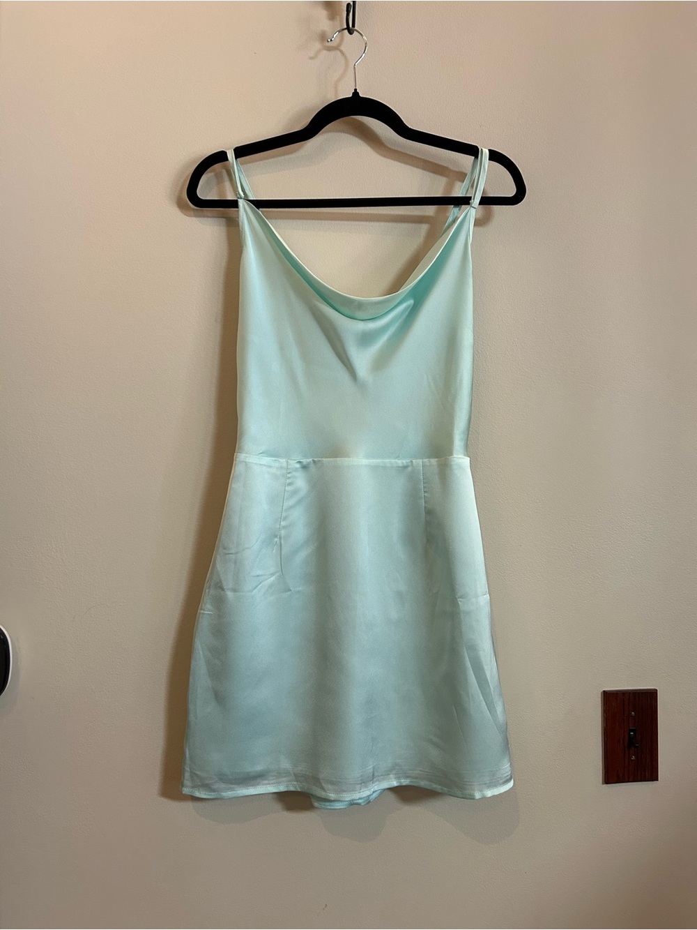 Meggan Grubb Pastel Blue Satin Cowl Neck Strappy Mini Slip Dress